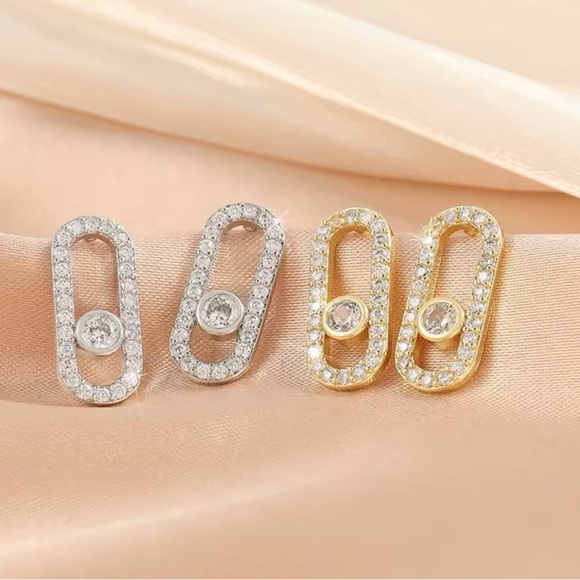 14K Gold Geometrical Paris Inspired Link Paperclip Diamond Inlay Earrings - Picture 4 of 5